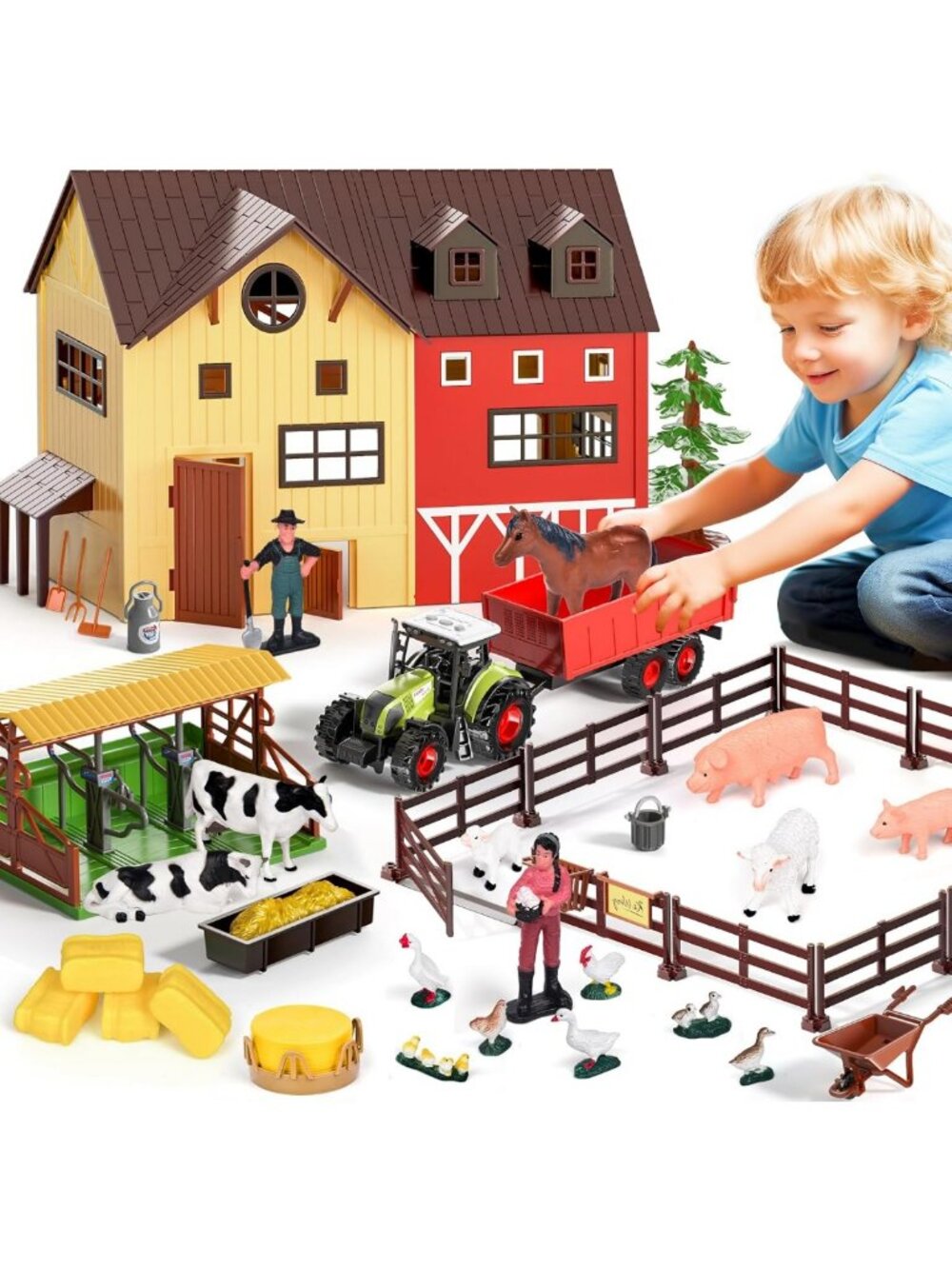 Farm Animal Playset with Lights & Sound - Tractor, Horse Stable, Cowshed, Fun